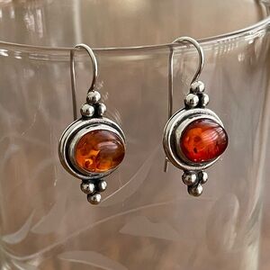Amber and 925 sterling silver drop earrings. 1 1/8” perfect size, golden color.